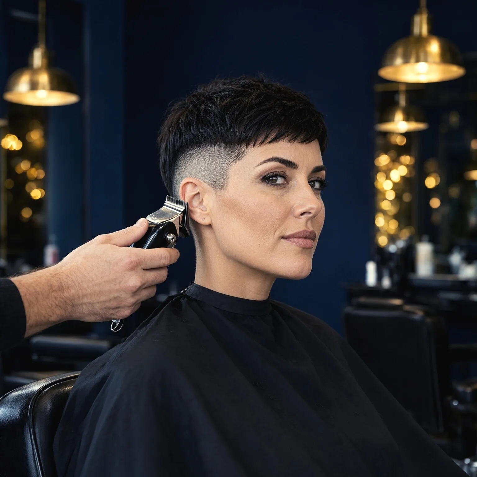 Kvinna med kort pixie får undercut rakad med maskin